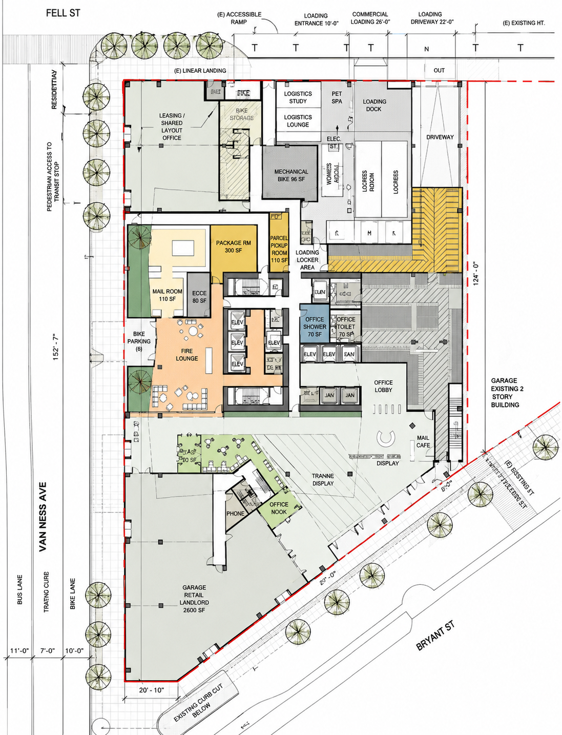 Architectural site plan drawing showing a commercial building layout, parking areas, landscaping, walkways, and property boundaries.