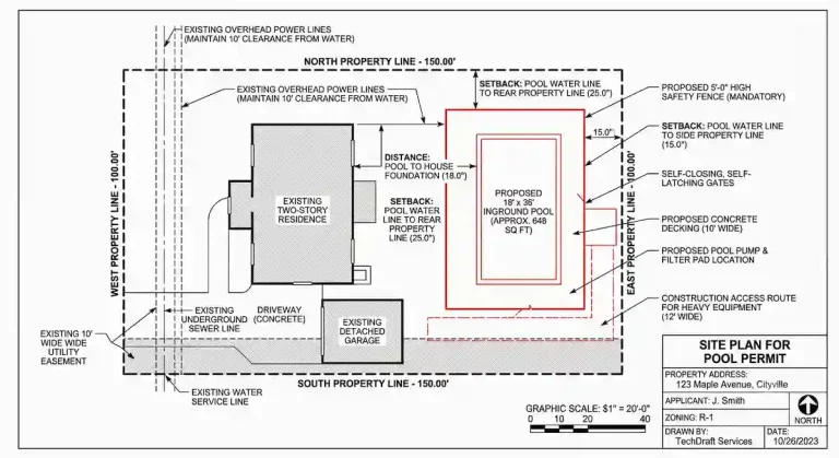 Pool site plan with equipment pad and notes