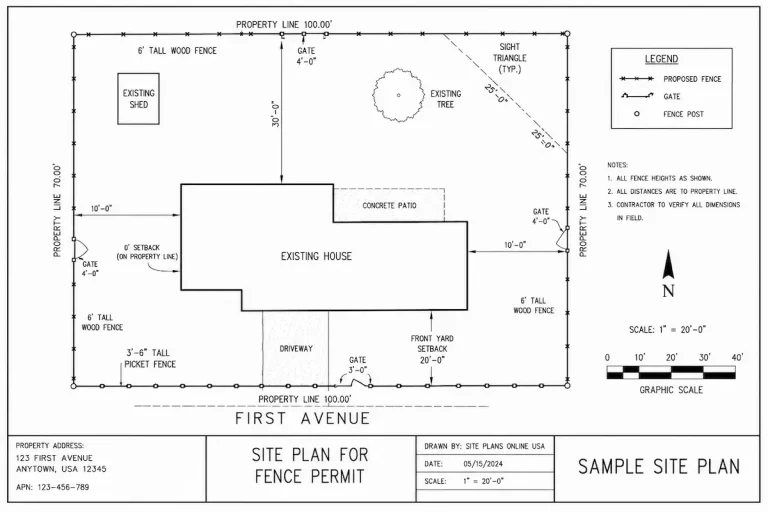 Fence permit site plan with lot lines and gates