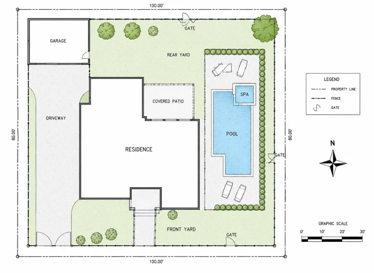 Pool site plan with setbacks and barrier fence