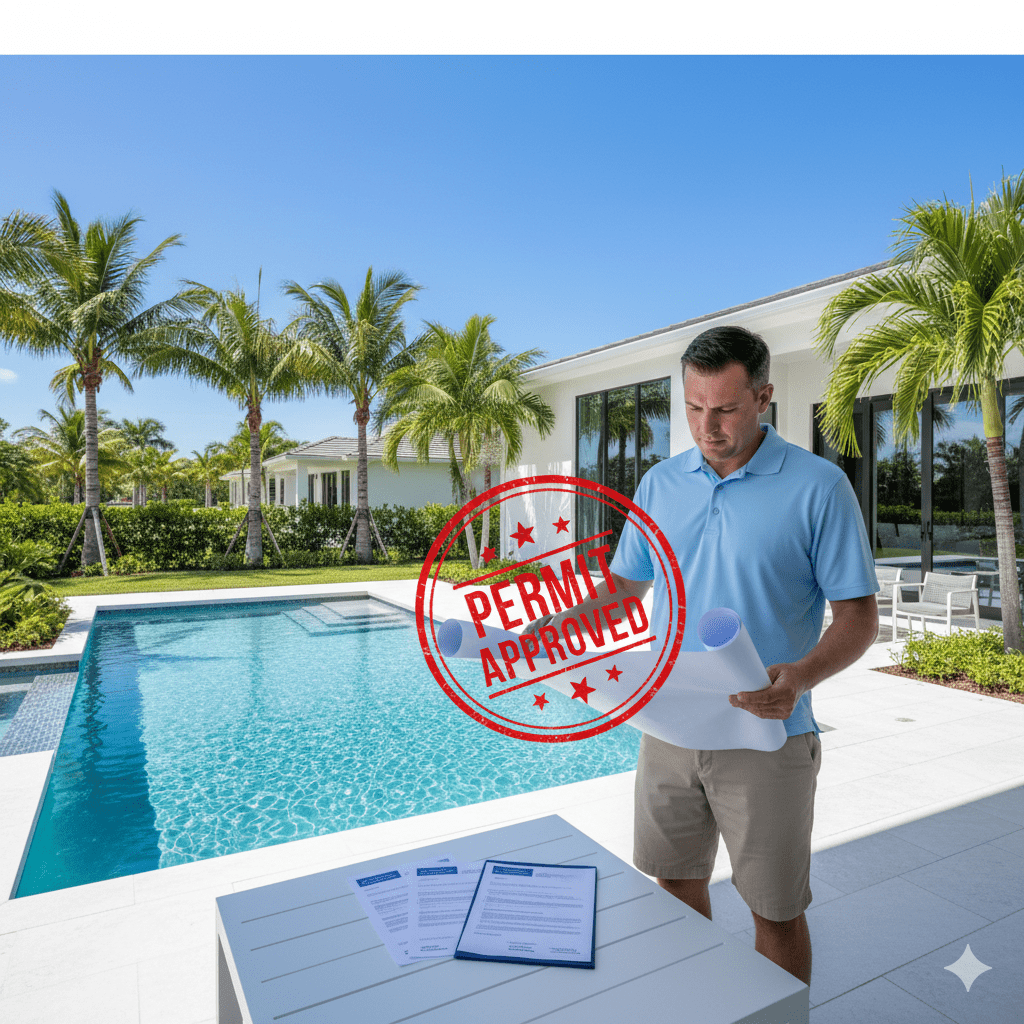 Pool contractor reviewing permit-ready pool site plans beside a residential swimming pool with permit approved stamp for Florida pool permit applications.