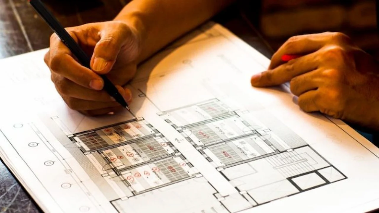 Architect reviewing and marking detailed building floor plans on a desk.