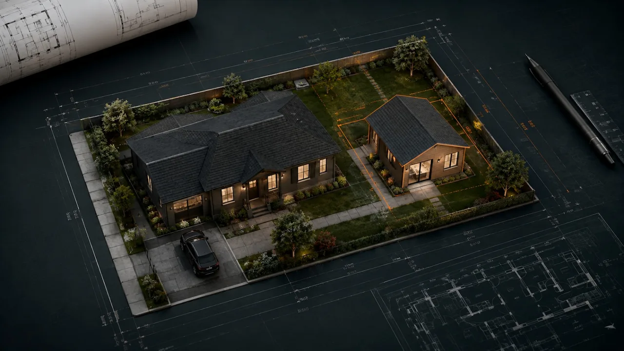 Florida ADU floor plan with one-bedroom layout and exterior elevation renderings for ranch and Tuscan accessory dwelling unit designs compliant with Florida SB 943.