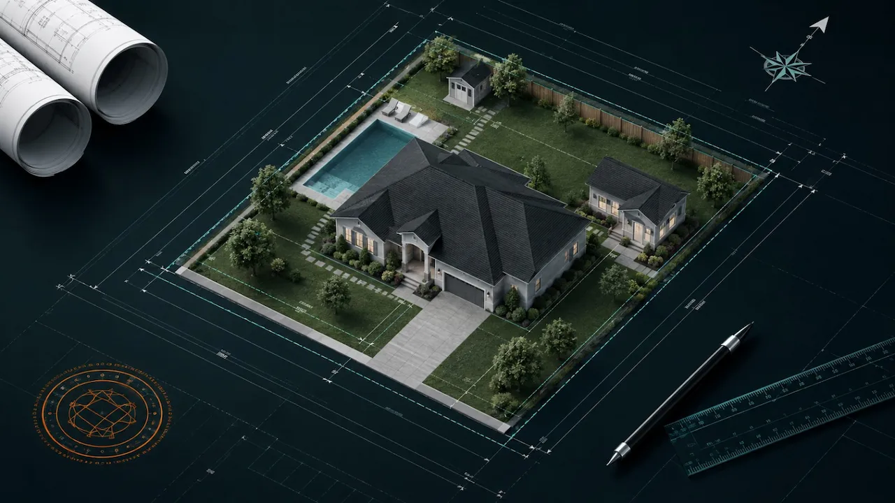 Residential site plan showing an existing house, patio, driveway, property lines, dimensions, trees, adjacent properties, Scenic Pines Drive, and a north arrow.