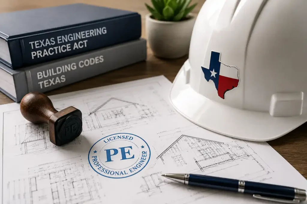 Texas-Licensed PE professional engineer reviewing building plans with PE seal