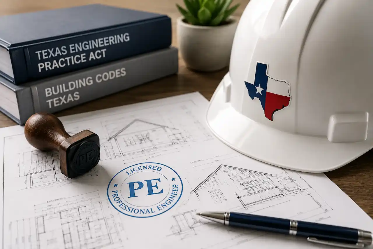 Texas-Licensed PE professional engineer reviewing building plans with PE seal