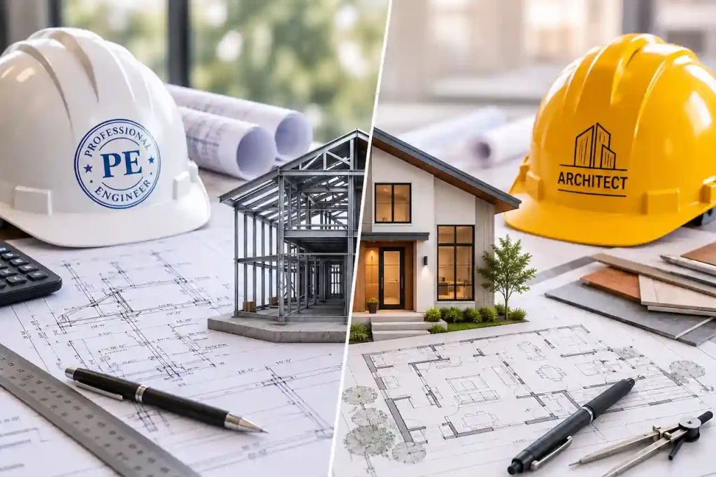 Professional engineer and architect comparing building plans