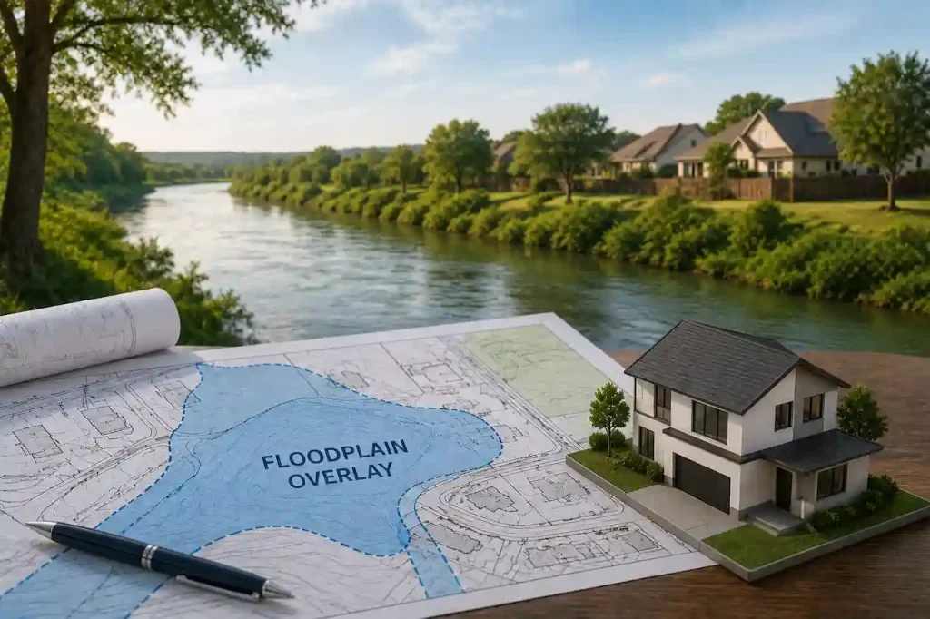 Floodplain overlay shown on a site plan near a river