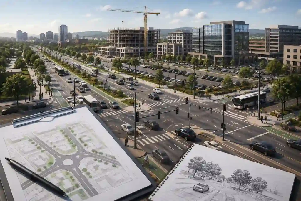 Urban transportation impact analysis showing traffic flow and road planning