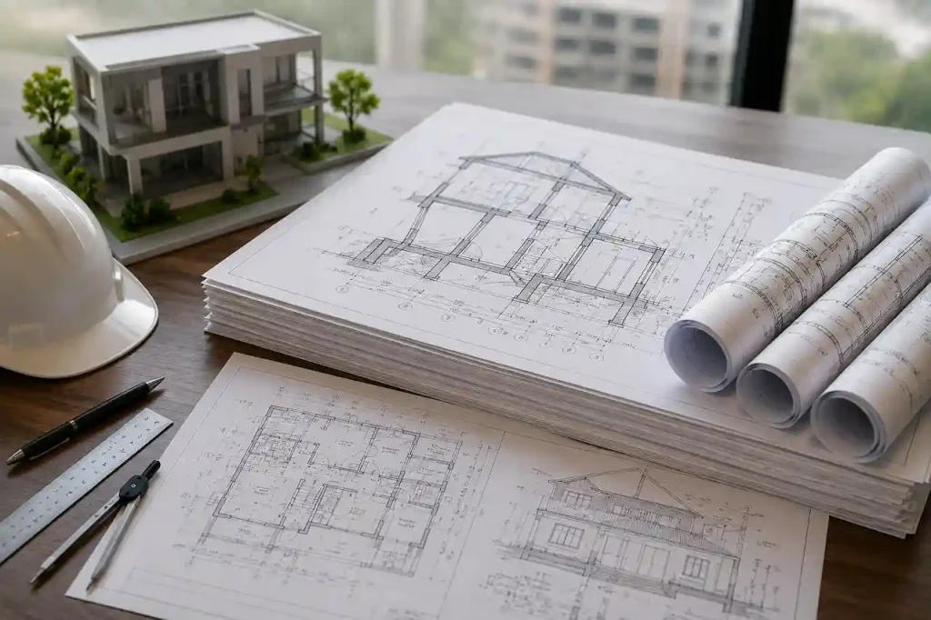 Full drawing set with architectural plans and construction dra