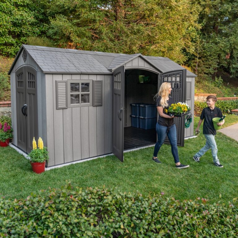 Storage shed in a backyard